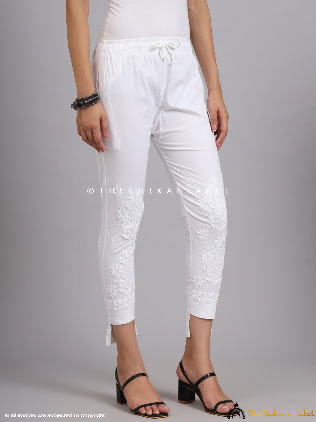 White Nahira Lycra Straight Chikankari Cigarette Pant