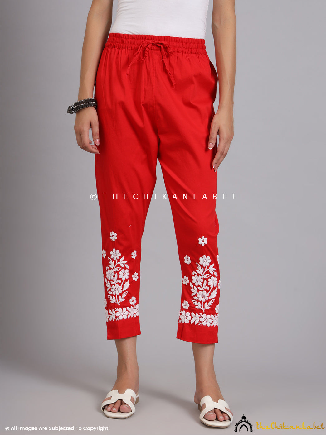 Red Nuha Lycra Straight Chikankari Cigarette Pant