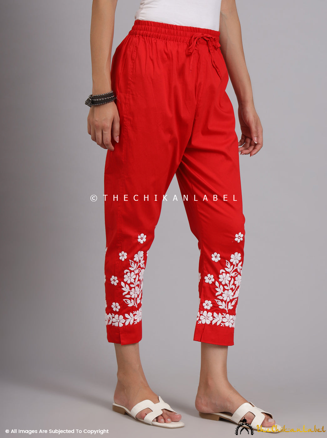 Red Nuha Lycra Straight Chikankari Cigarette Pant