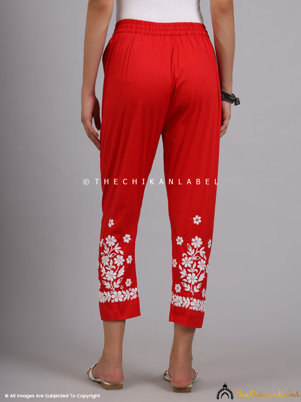 Red Nuha Lycra Straight Chikankari Cigarette Pant