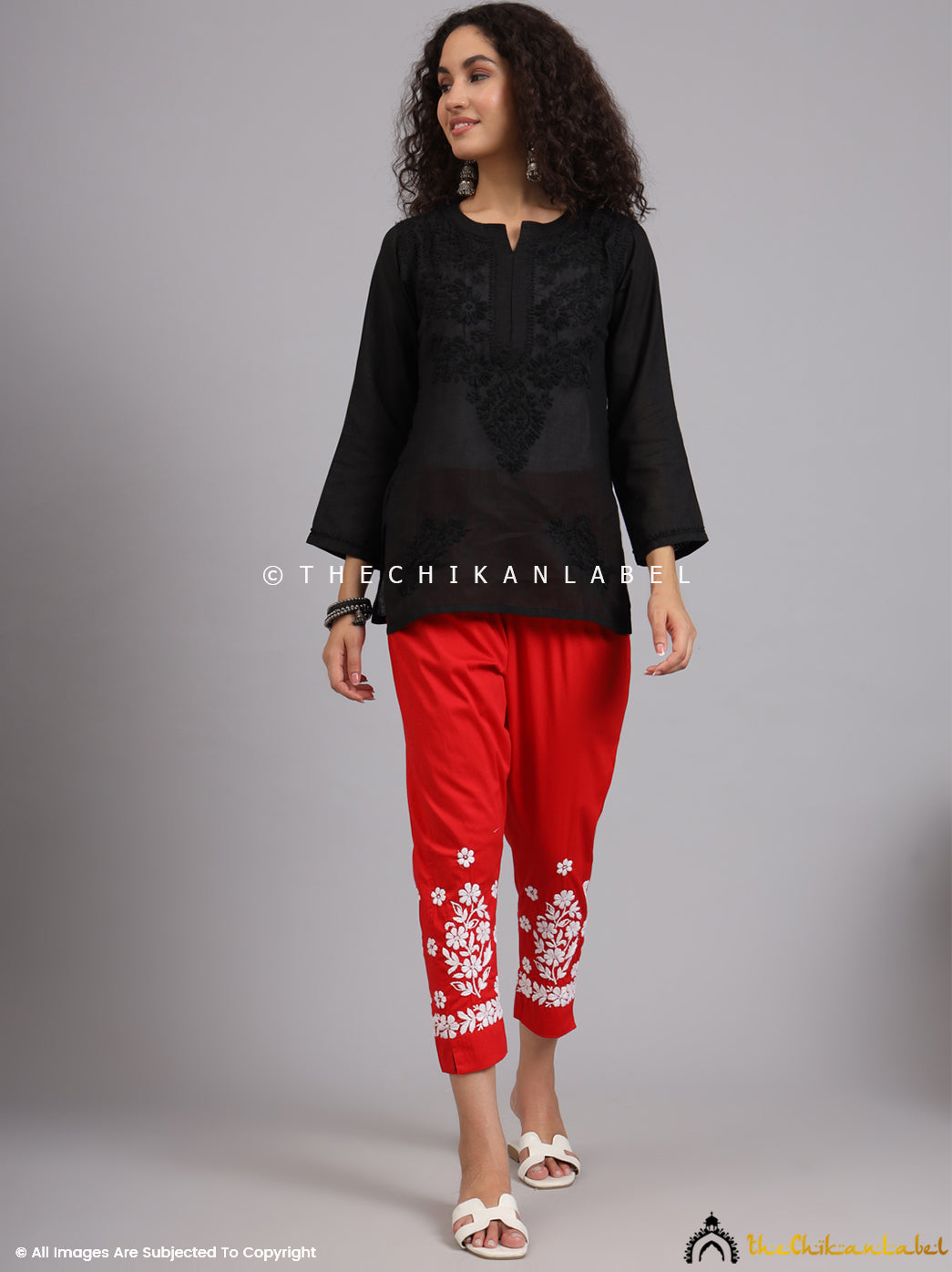 Red Nuha Lycra Straight Chikankari Cigarette Pant