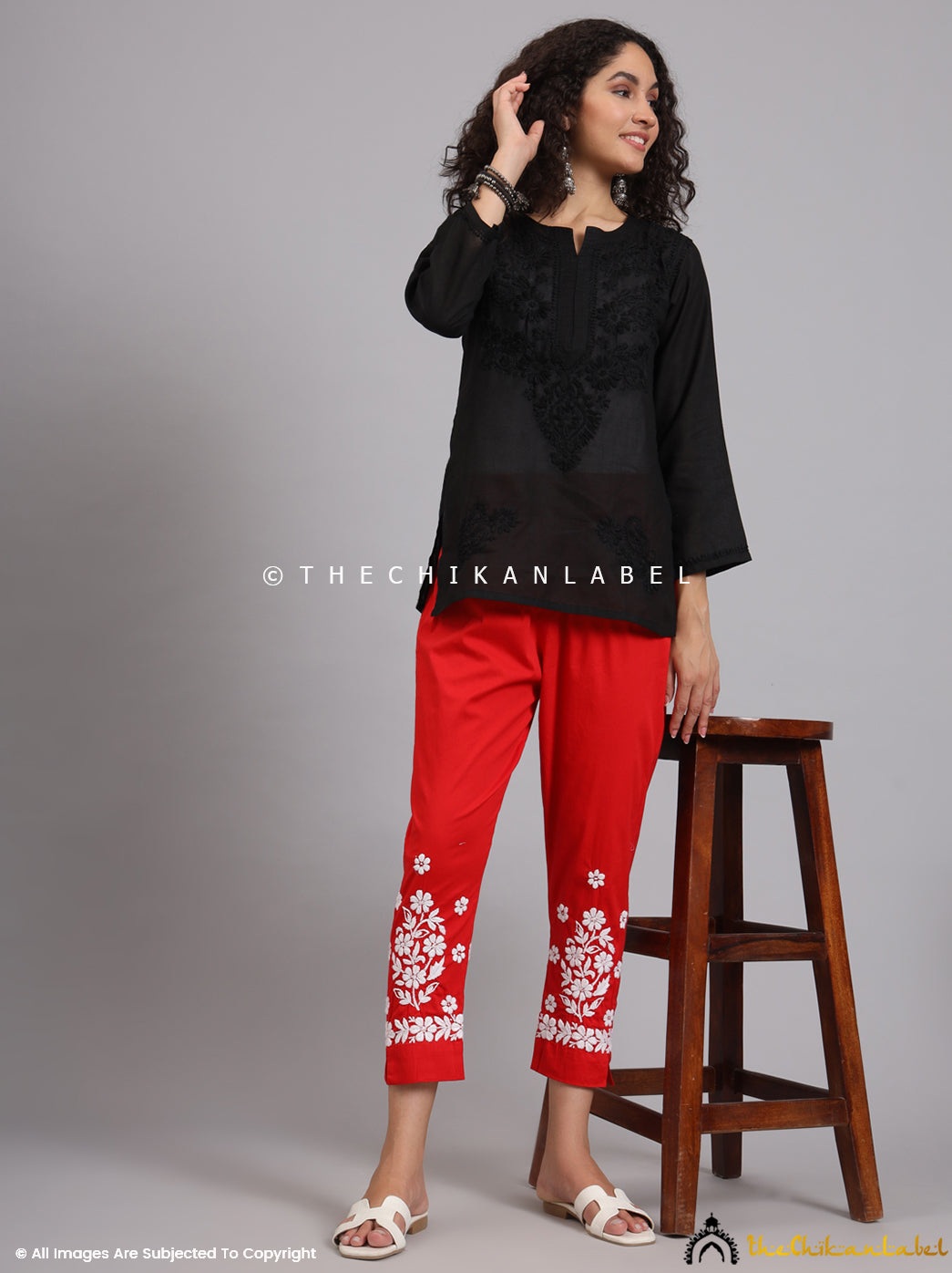 Red Nuha Lycra Straight Chikankari Cigarette Pant