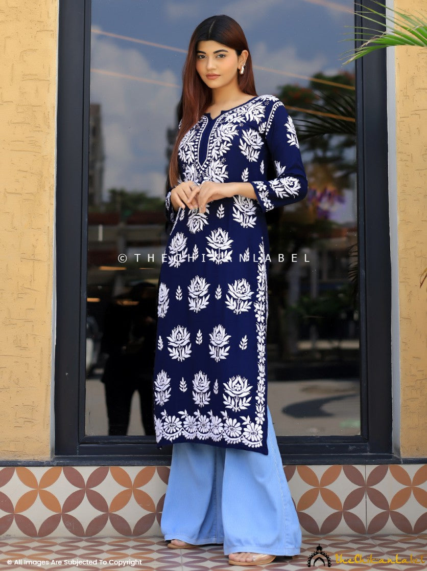 Navy Blue Tanvi Modal Chikankari Straight Kurti