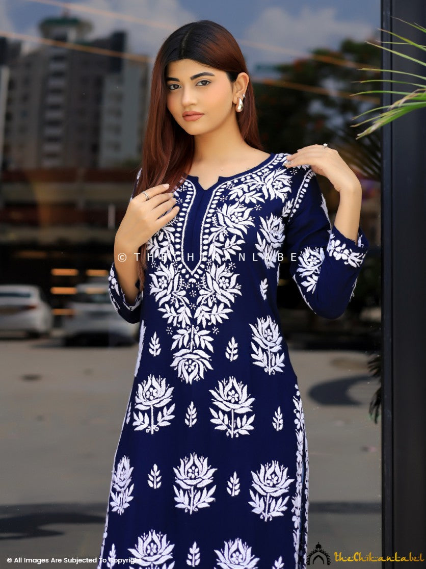 Navy Blue Tanvi Modal Chikankari Straight Kurti