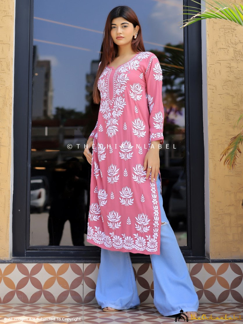 Peach Tanvi Modal Chikankari Straight Kurti