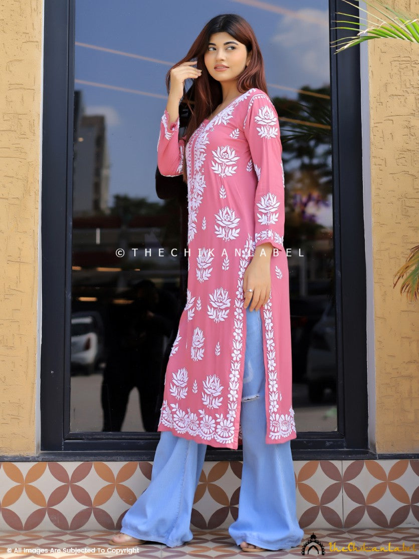 Peach Tanvi Modal Chikankari Straight Kurti