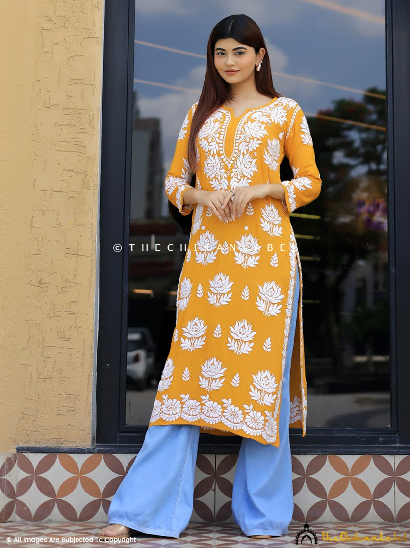 Yellow Tanvi Modal Chikankari Straight Kurti