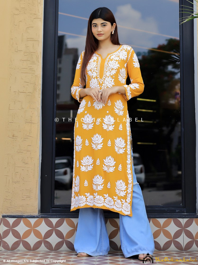 Yellow Tanvi Modal Chikankari Straight Kurti