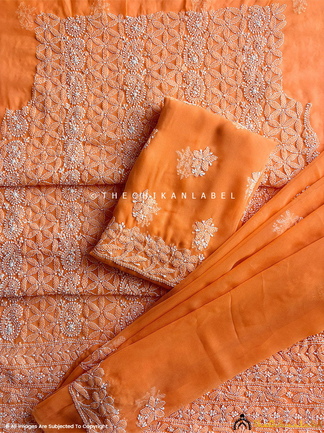 Orange Ishanvi Georgette Chikankari Un-Stitched Kurta with Dupatta