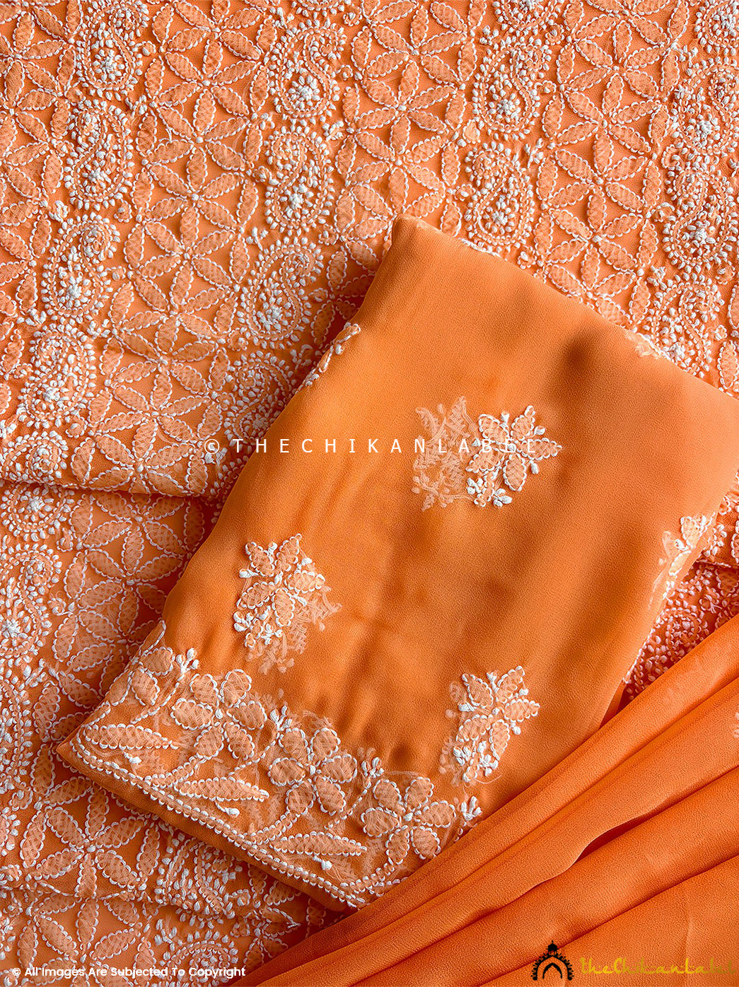 Orange Ishanvi Georgette Chikankari Un-Stitched Kurta with Dupatta