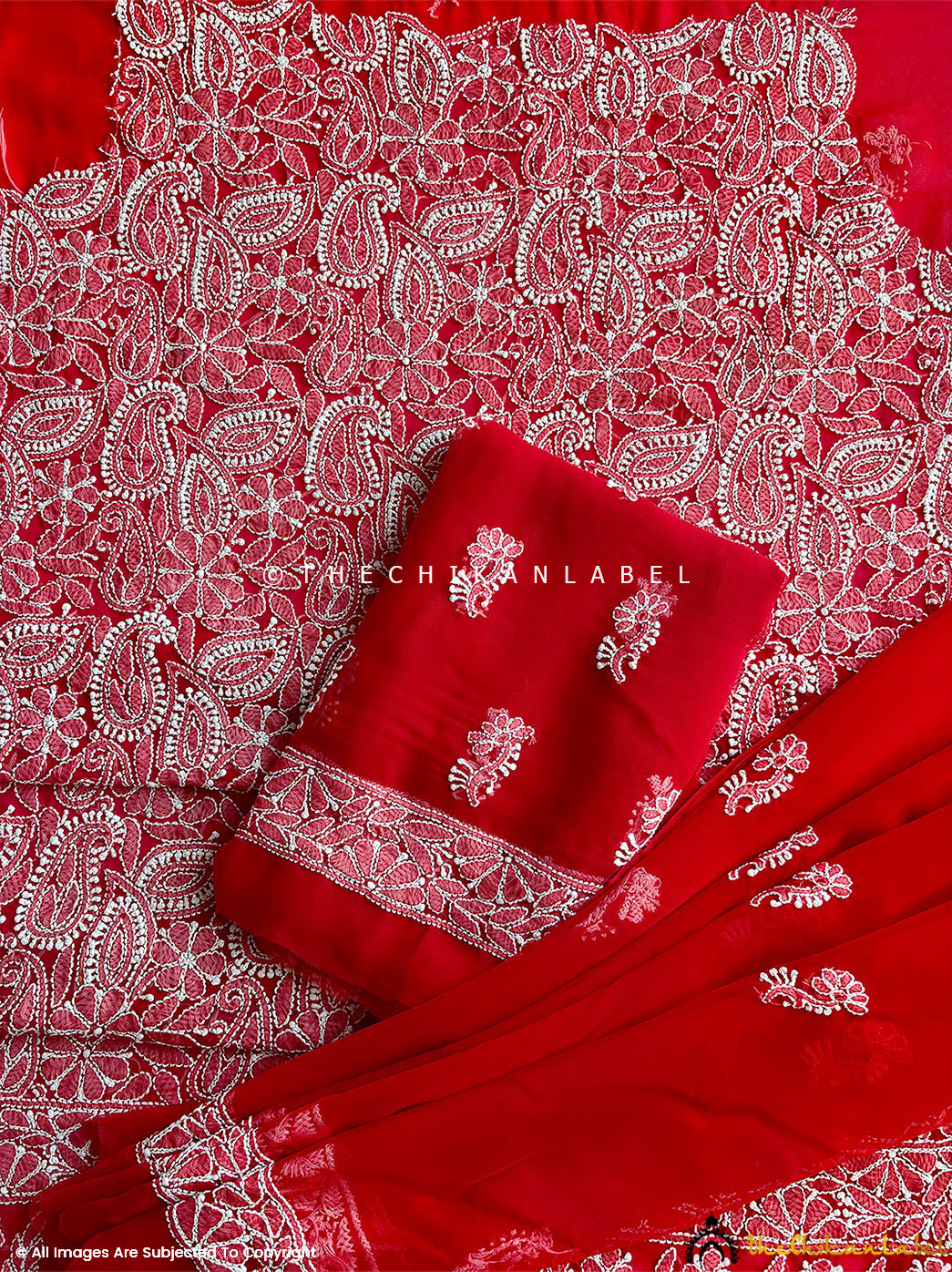 Red Ishanvi Georgette Chikankari Un-Stitched Kurta with Dupatta