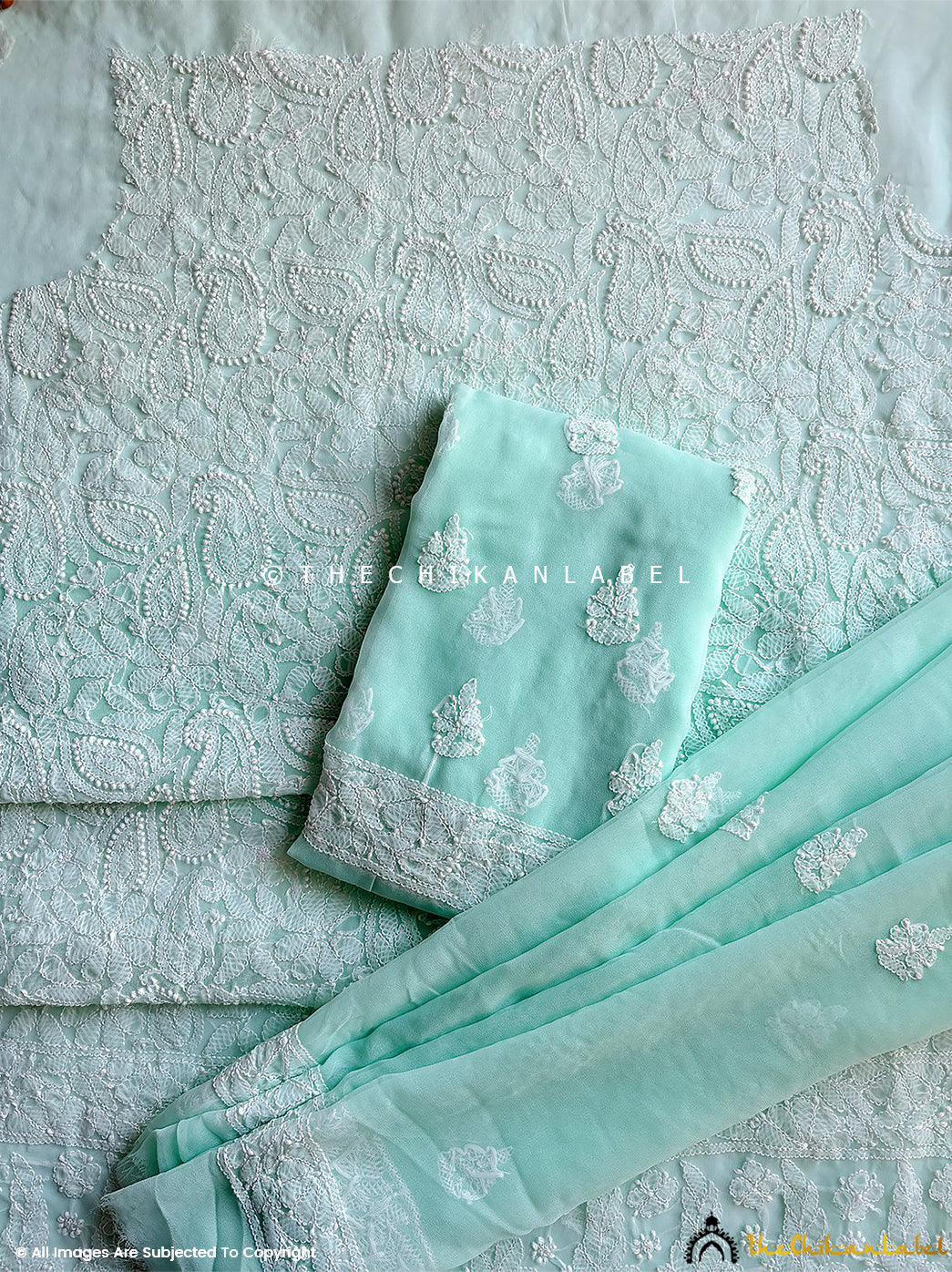 Sea Green Ishanvi Georgette Chikankari Un-Stitched Kurta with Dupatta