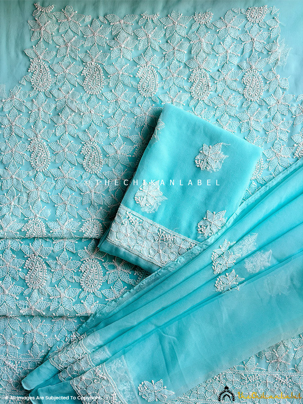 Sky Blue Ishanvi Georgette Chikankari Un-Stitched Kurta with Dupatta