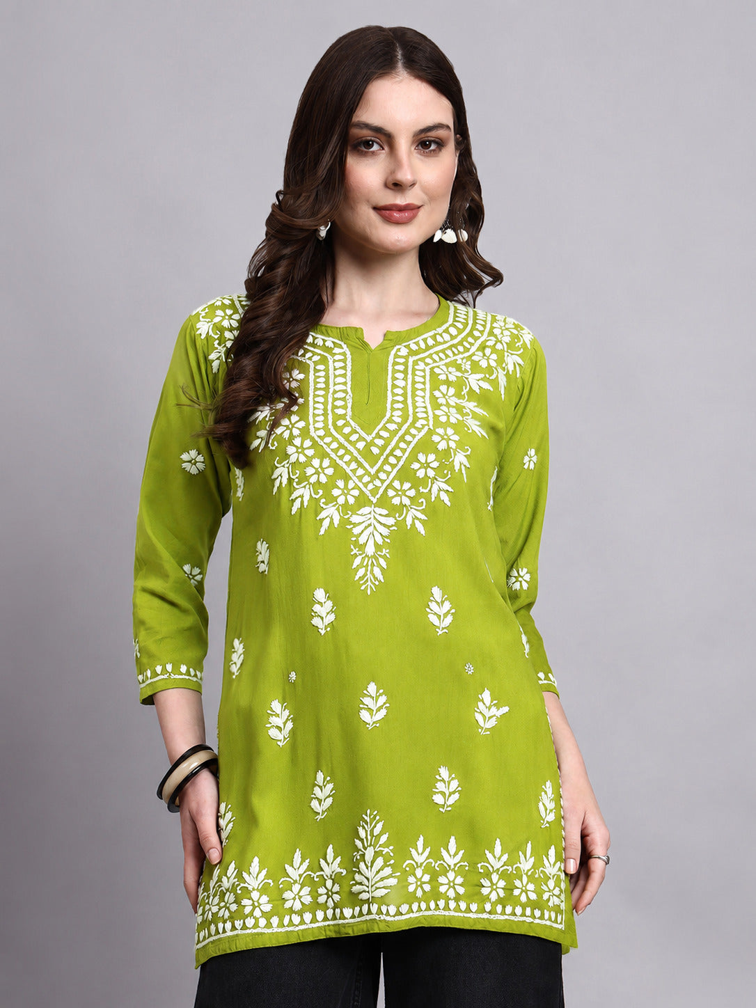 Siara Rayon Chikankari Short Kurta - Pista Green