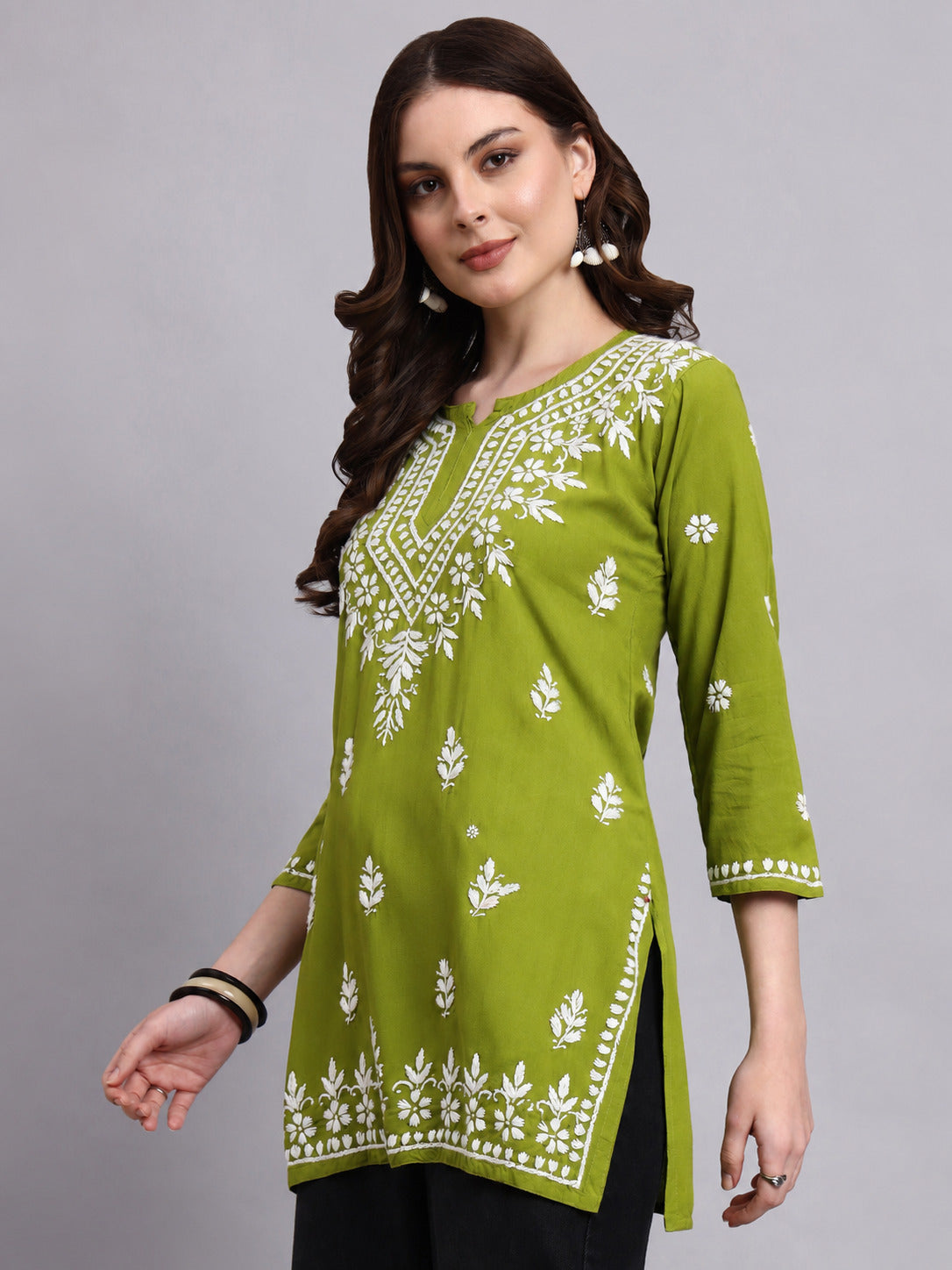 Siara Rayon Chikankari Short Kurta - Pista Green