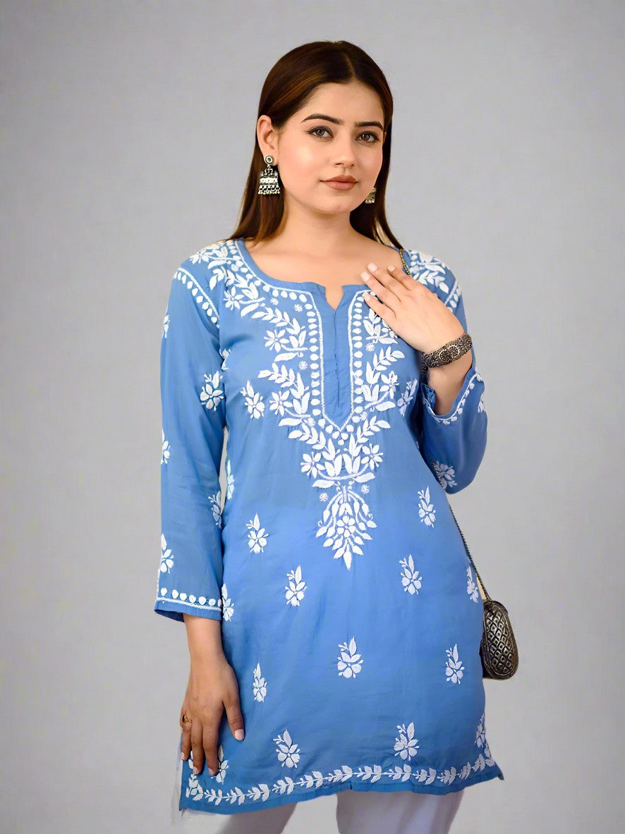 Blue Nazak Modal Chikankari Short Kurta