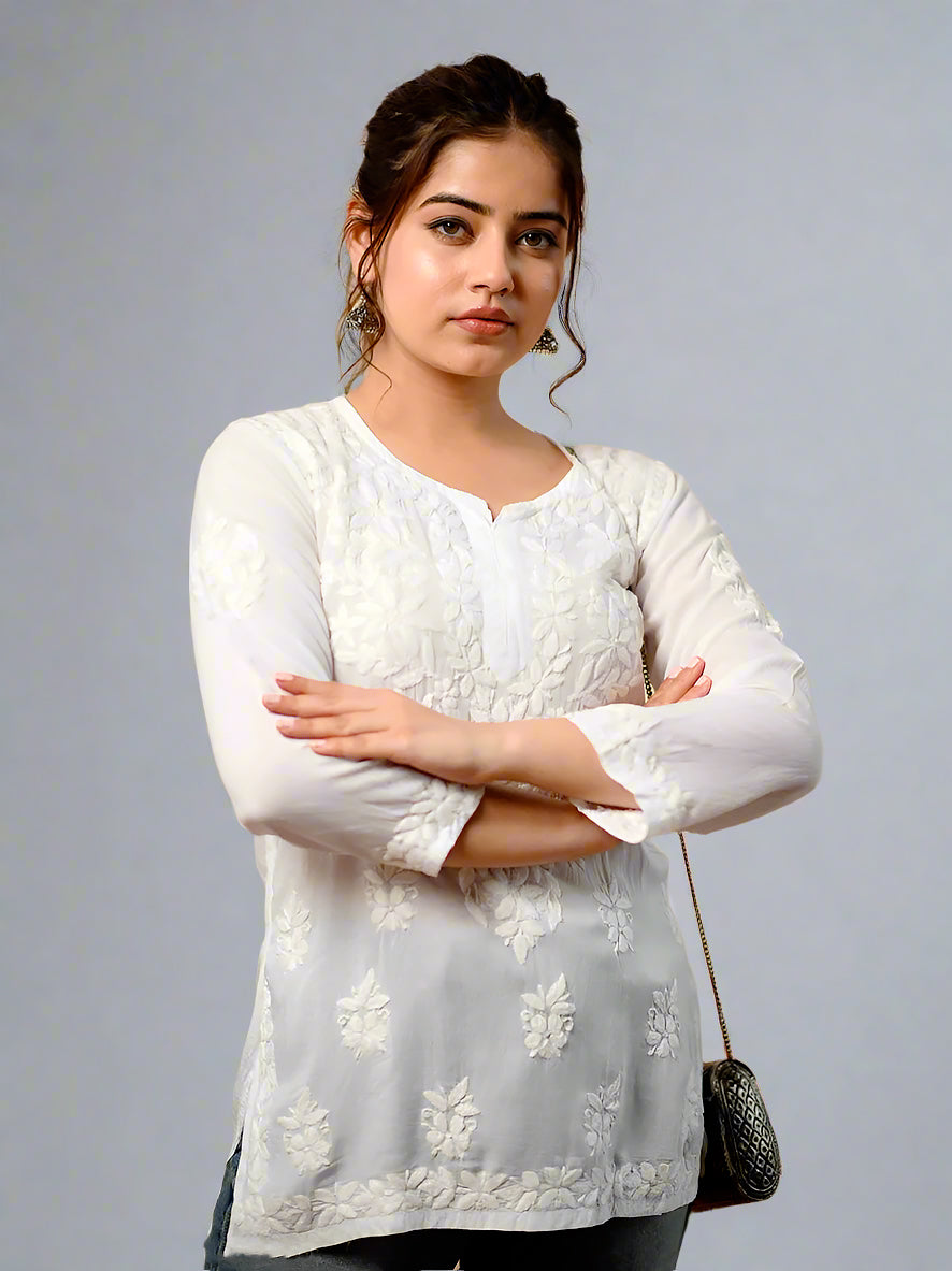 White Jenna Modal Chikankari Short Kurta