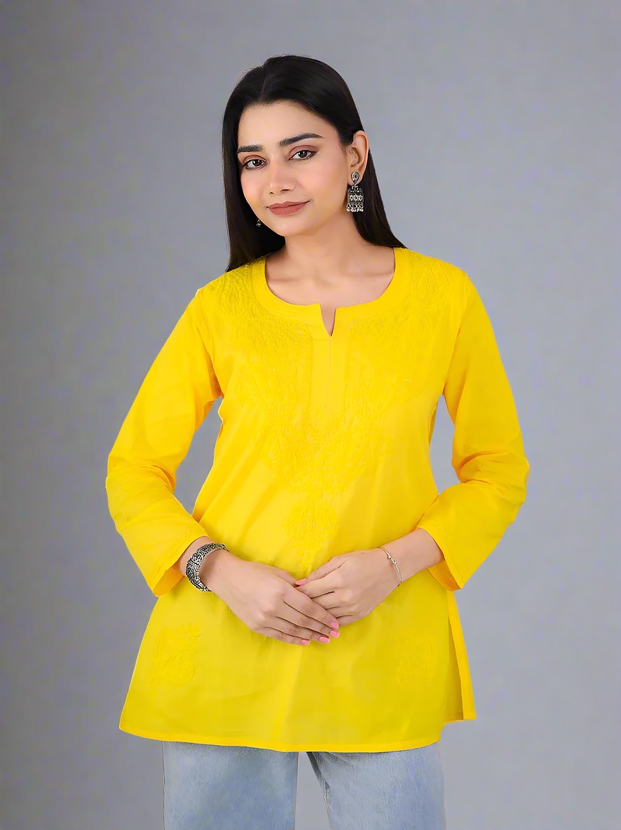 Yellow Cotton Chikankari Short Kurta