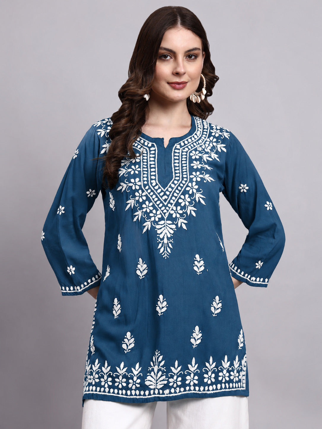 Siara Rayon Chikankari Short Kurta - Teal Green