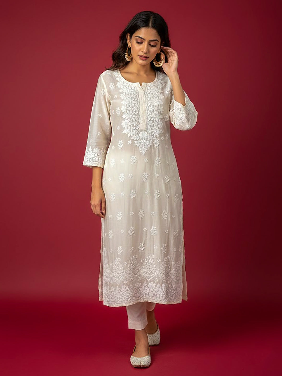 White Chanderi Chikankari Straight Kurti