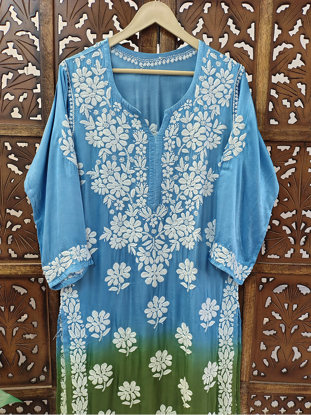 Blue On Green Satin Modal Chikankari Straight Kurti