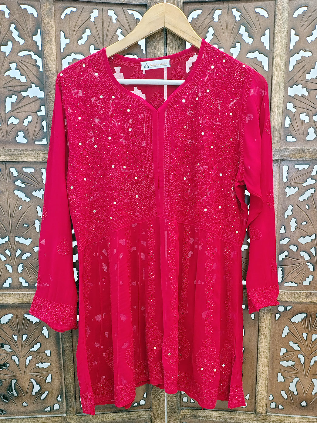 Red Viscose Chikankari Short Kurti