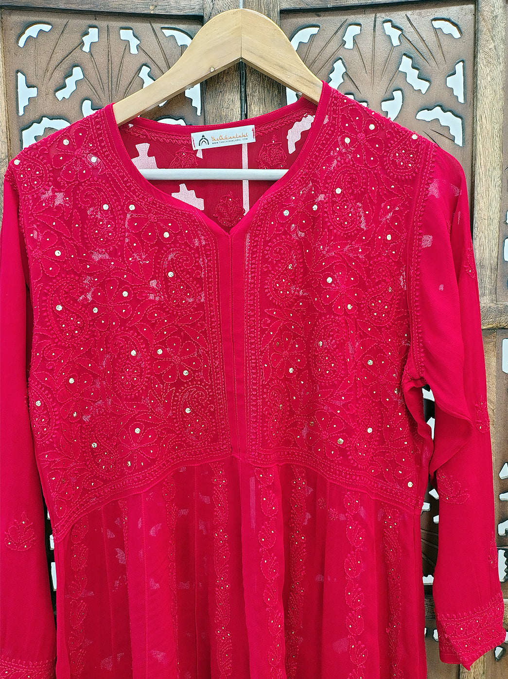Red Viscose Chikankari Short Kurti
