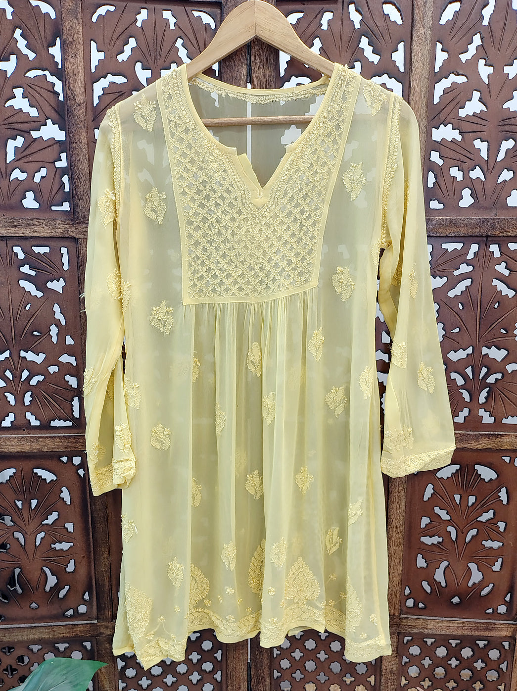 Yellow Viscose Chikankari Short Top