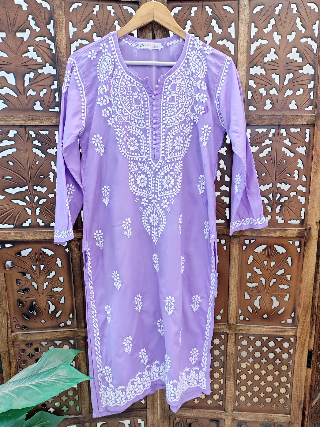 Lavender Cotton Chikankari Straight Kurti