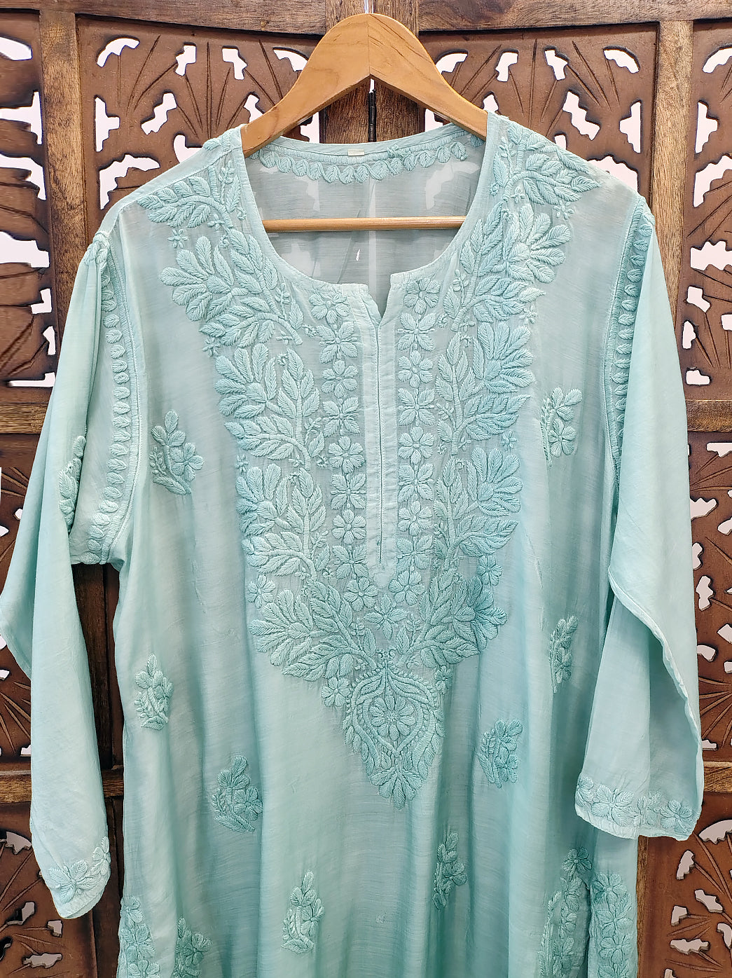 Green Muslin Chikankari Straight Kurti