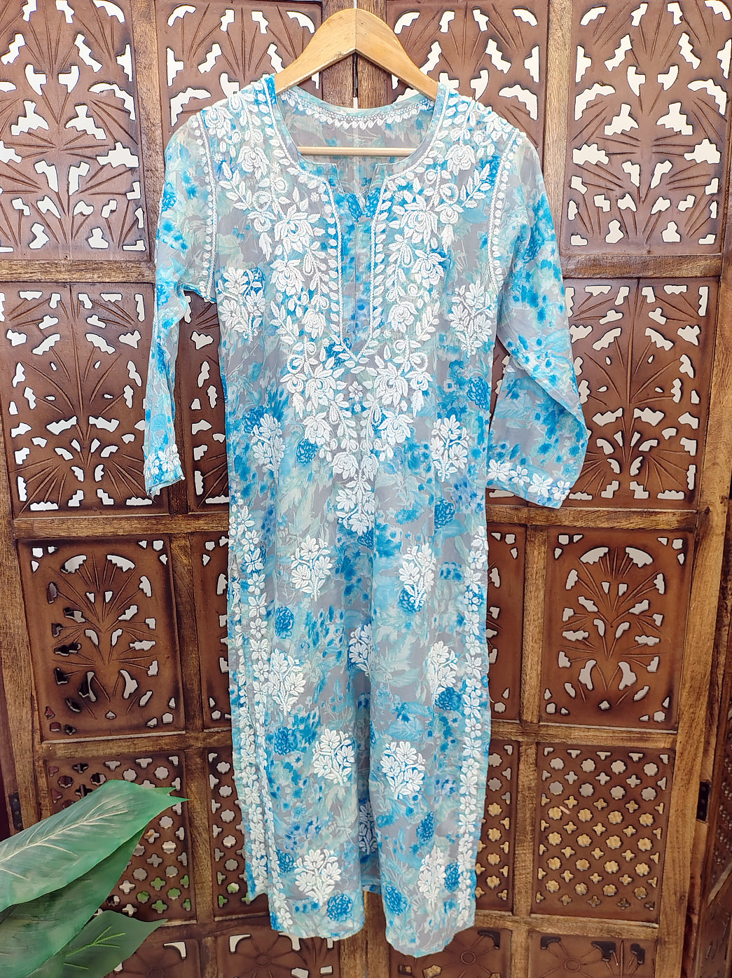 Blue Mulmul Printed Chikankari Straight Kurti