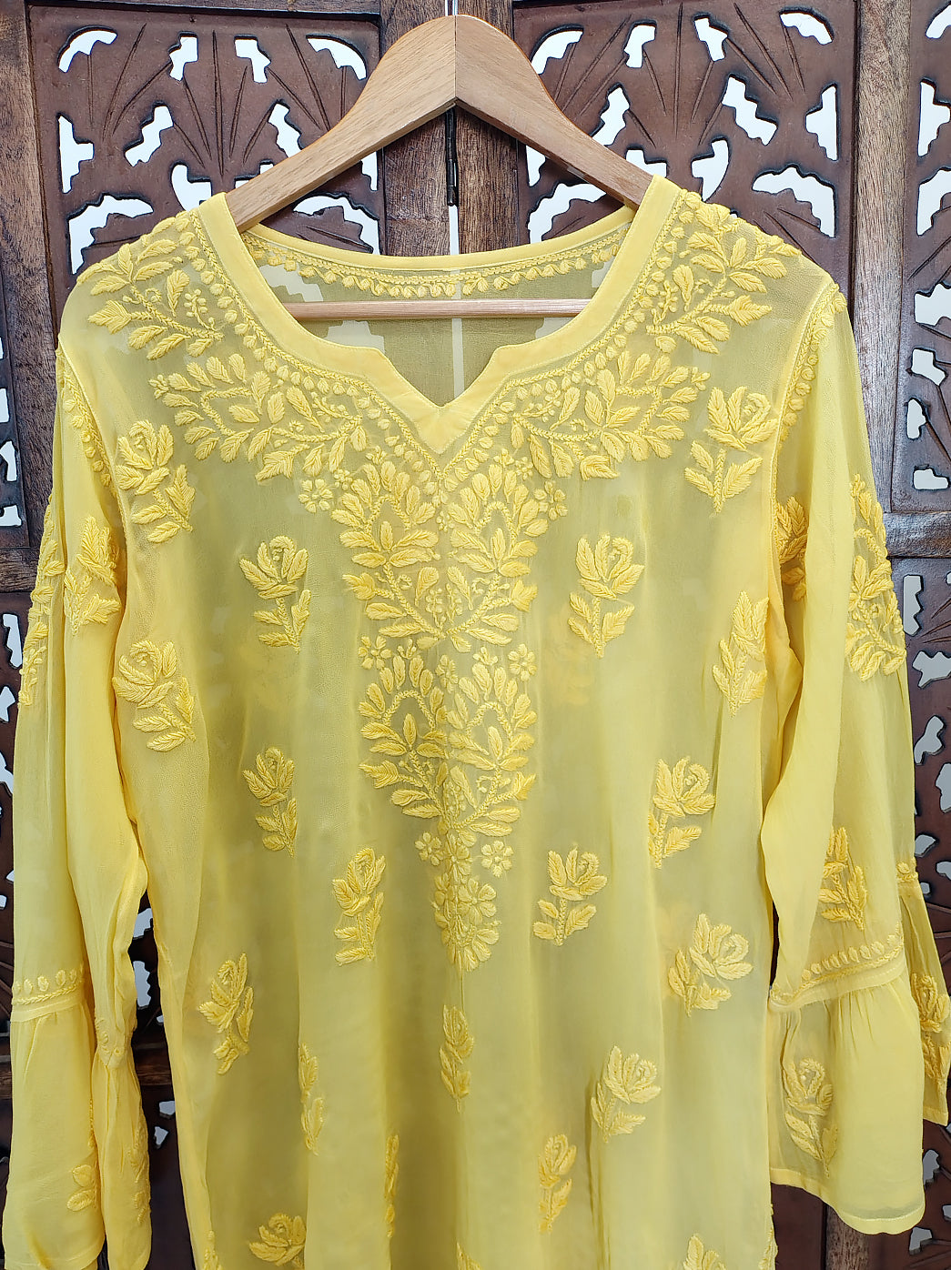Yellow Viscose Chikankari Short Kurta