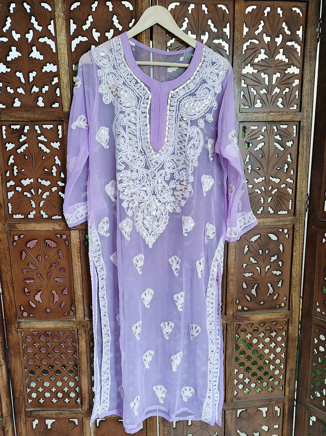 Lavender Georgette Chikankari Straight Kurti