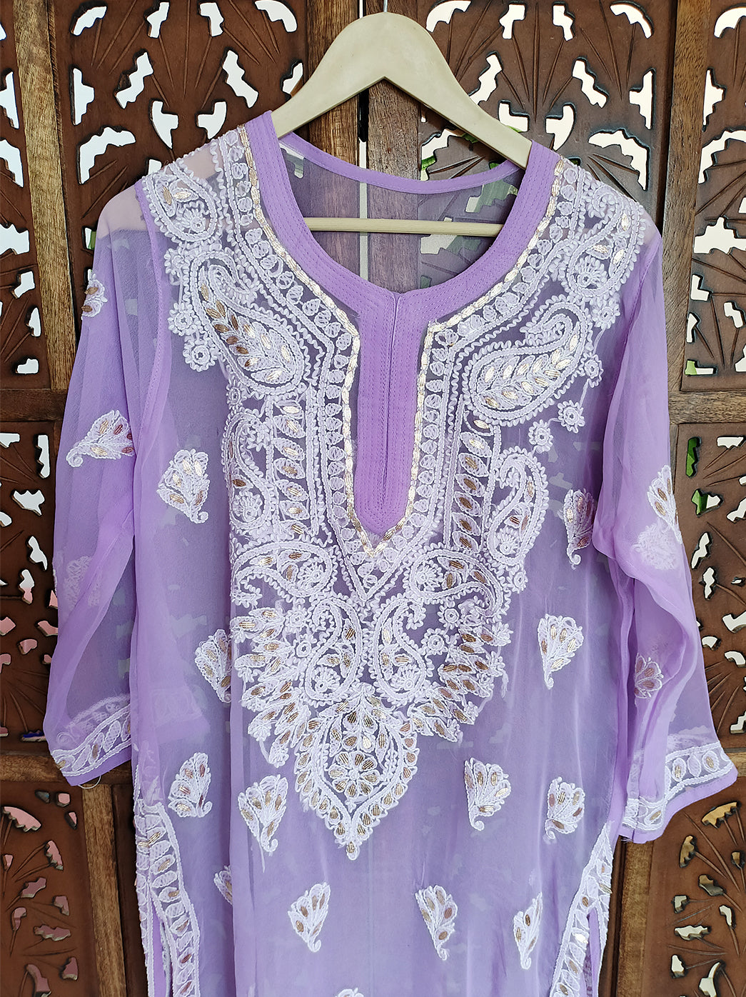 Lavender Georgette Chikankari Straight Kurti