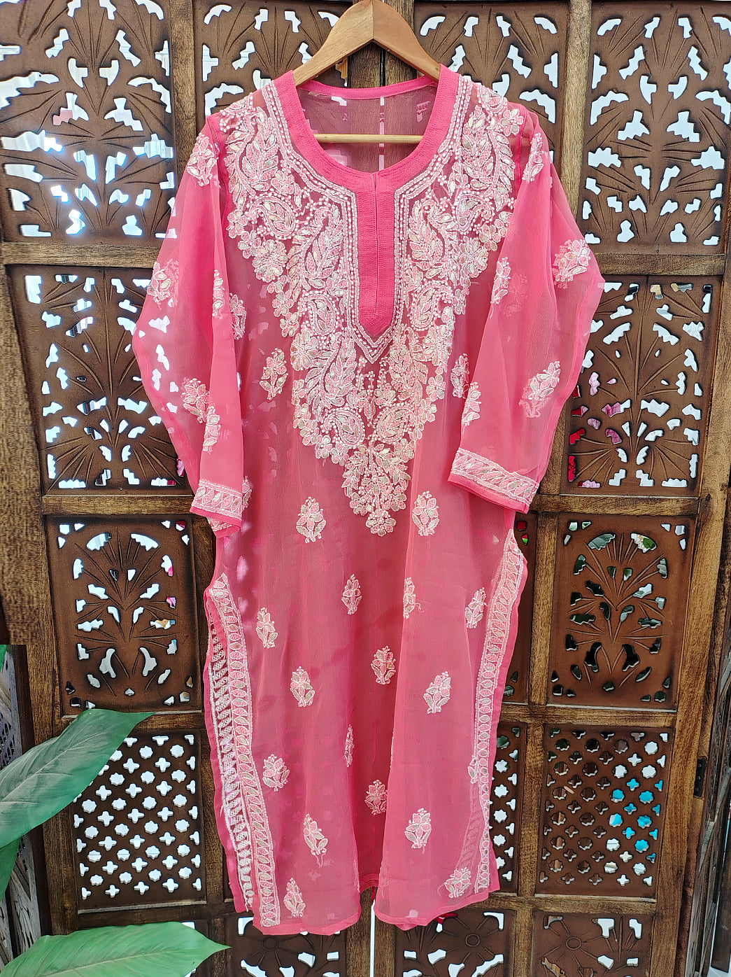 Peach Georgette Chikankari Straight Kurti