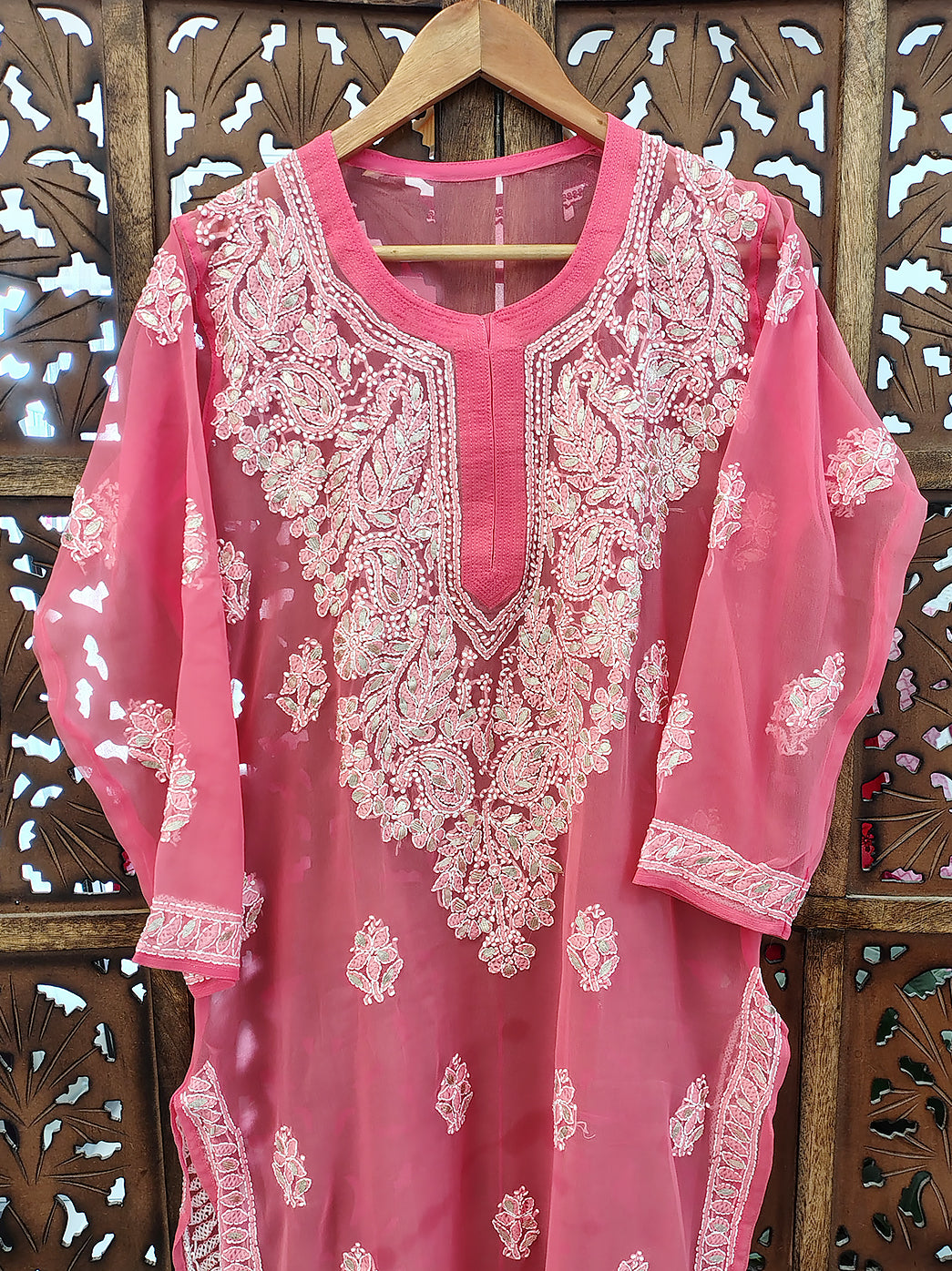Peach Georgette Chikankari Straight Kurti