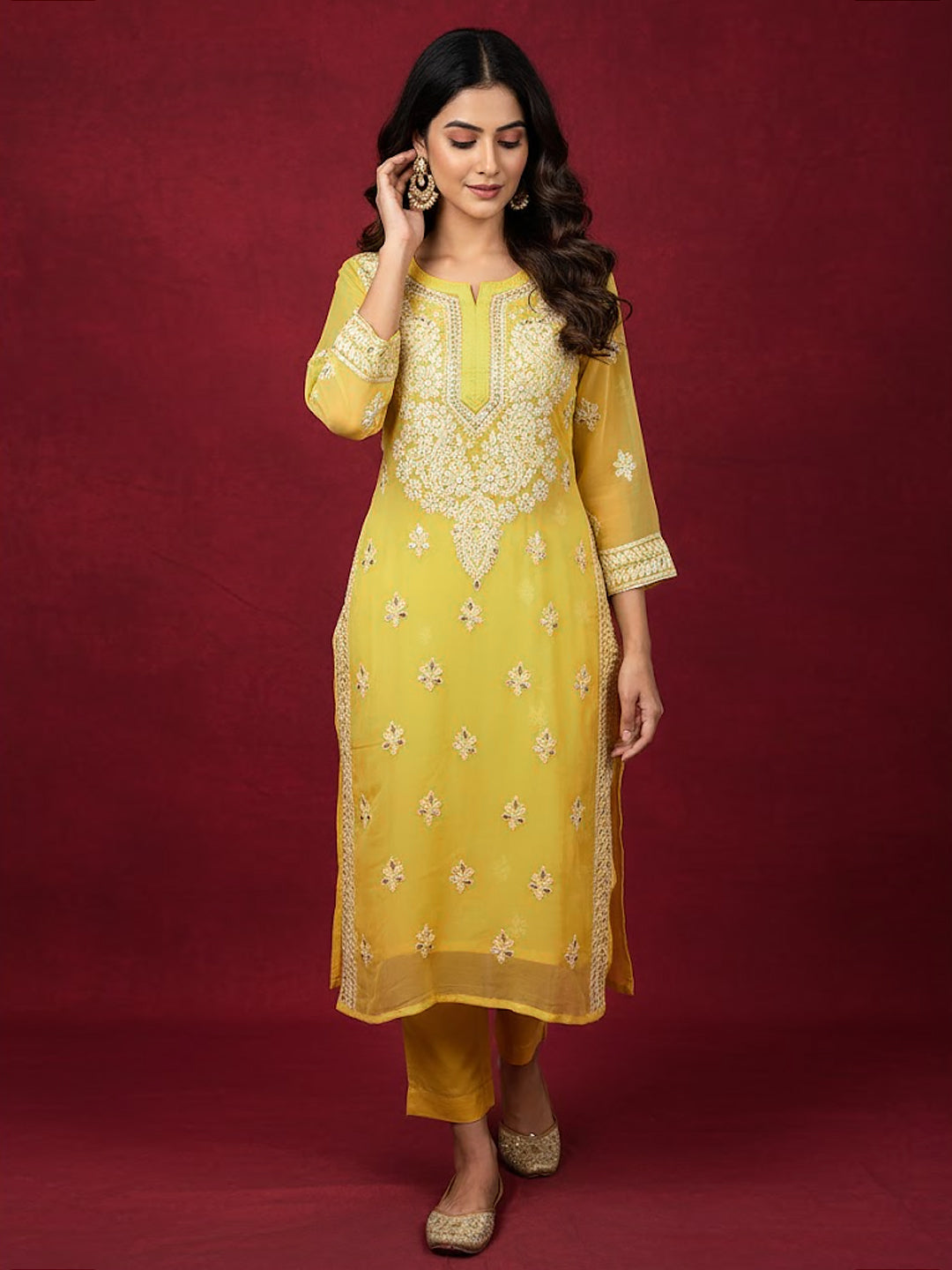 Yellow Georgette Chikankari Straight Kurti