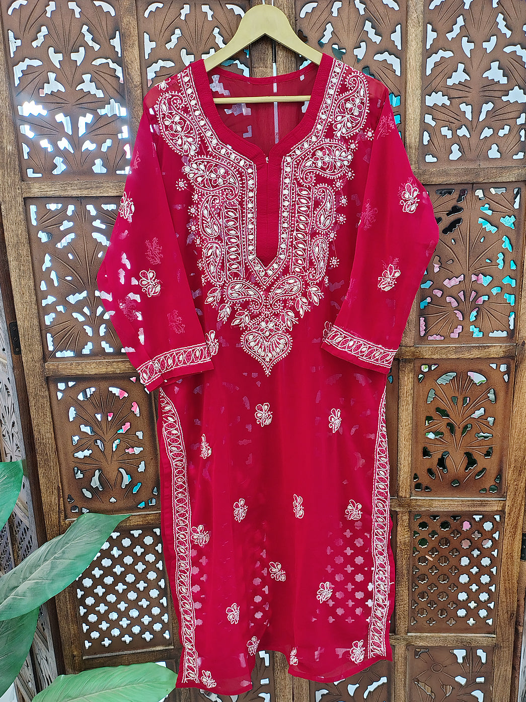 Red Georgette Chikankari Straight Kurti
