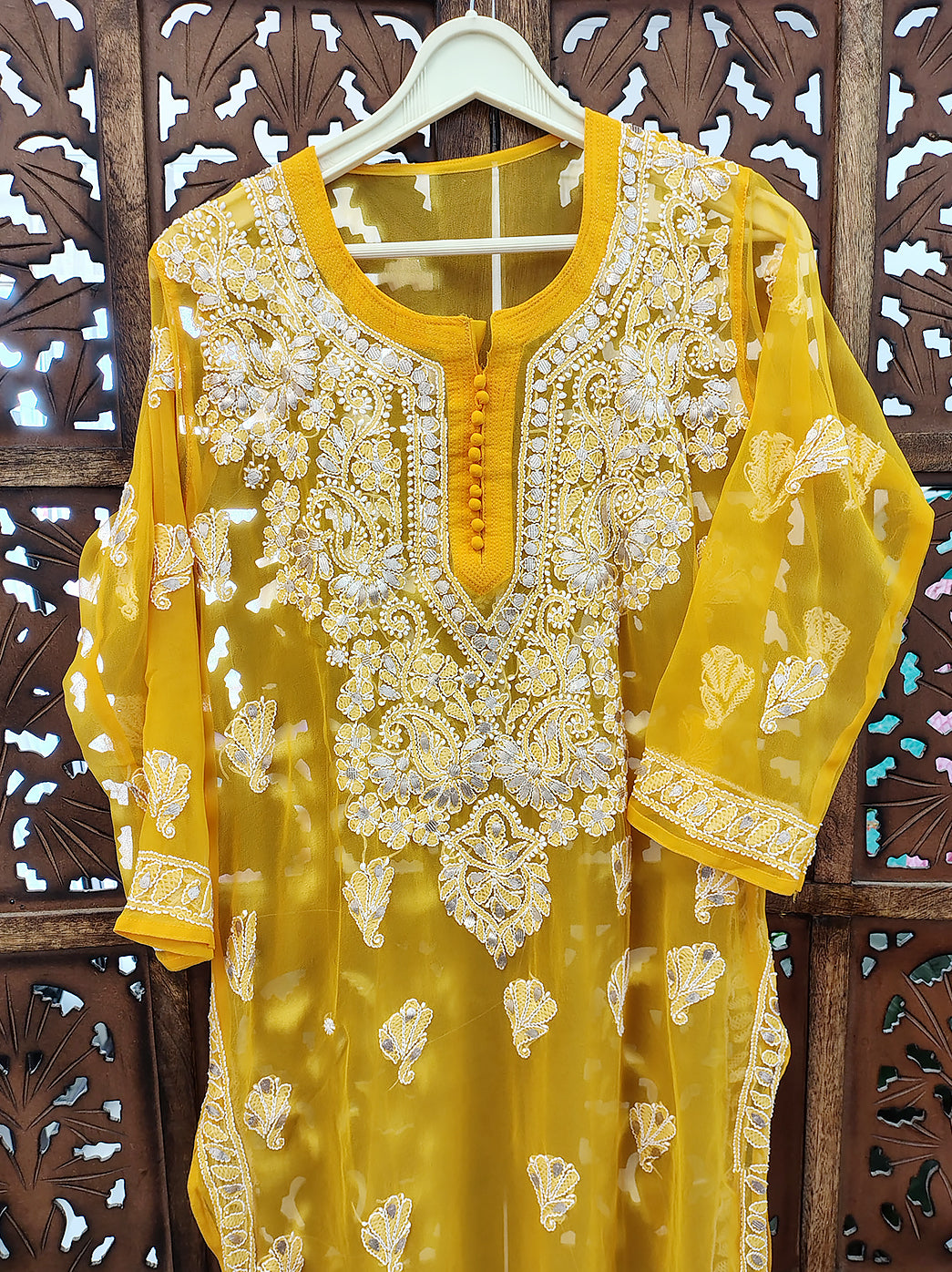 Yellow Georgette Chikankari Straight Kurti