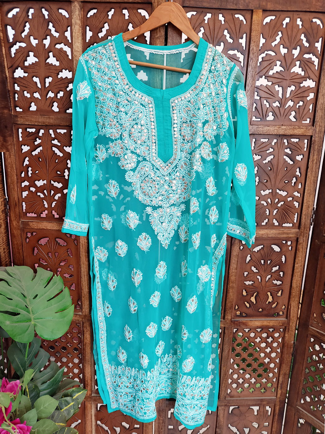 Sea Green Georgette Chikankari Straight Kurti