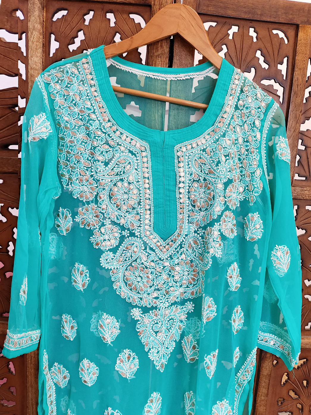 Sea Green Georgette Chikankari Straight Kurti