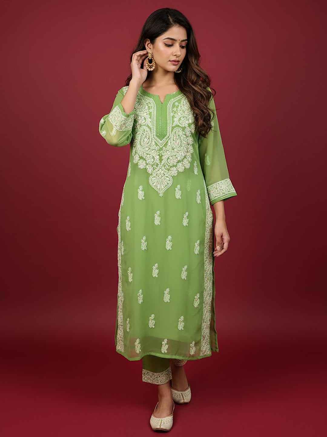 Green Georgette Chikankari Straight Kurti