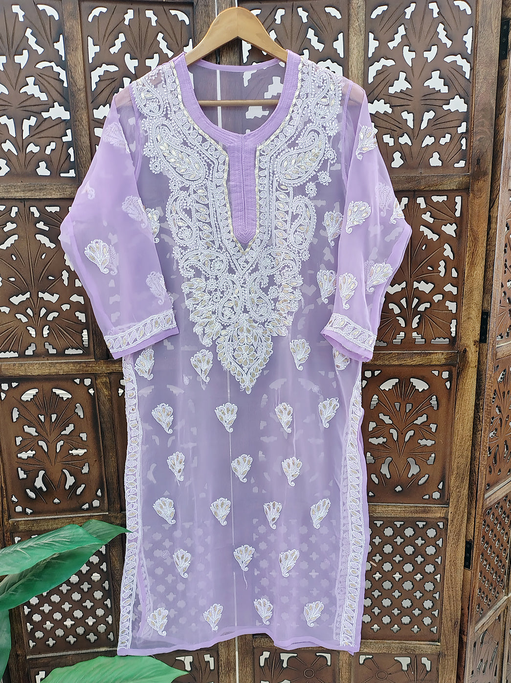 Lavender Georgette Chikankari Straight Kurti