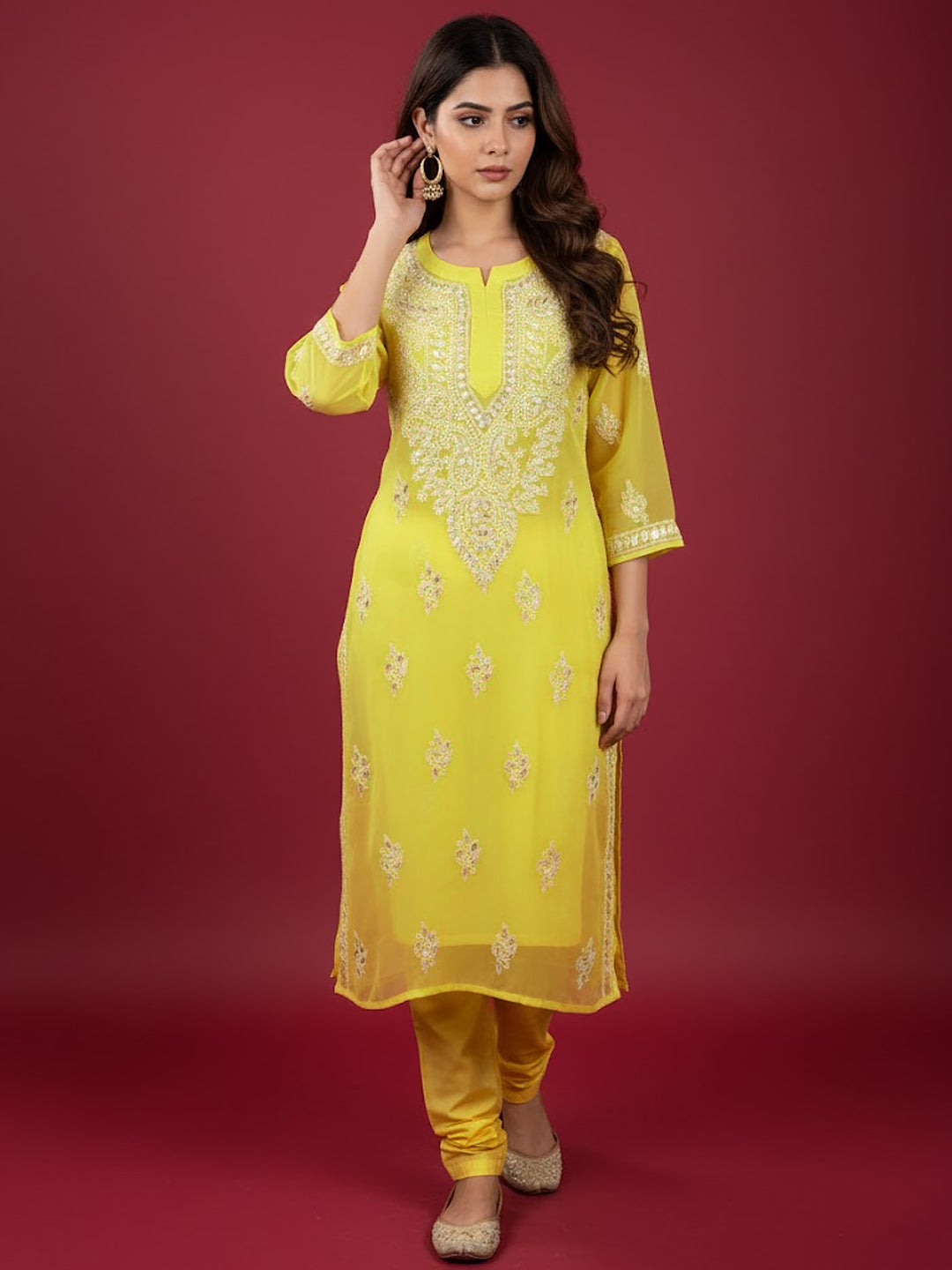 Yellow Georgette Chikankari Straight Kurti