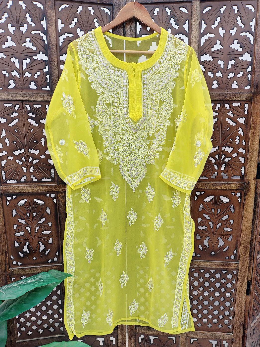 Yellow Georgette Chikankari Straight Kurti