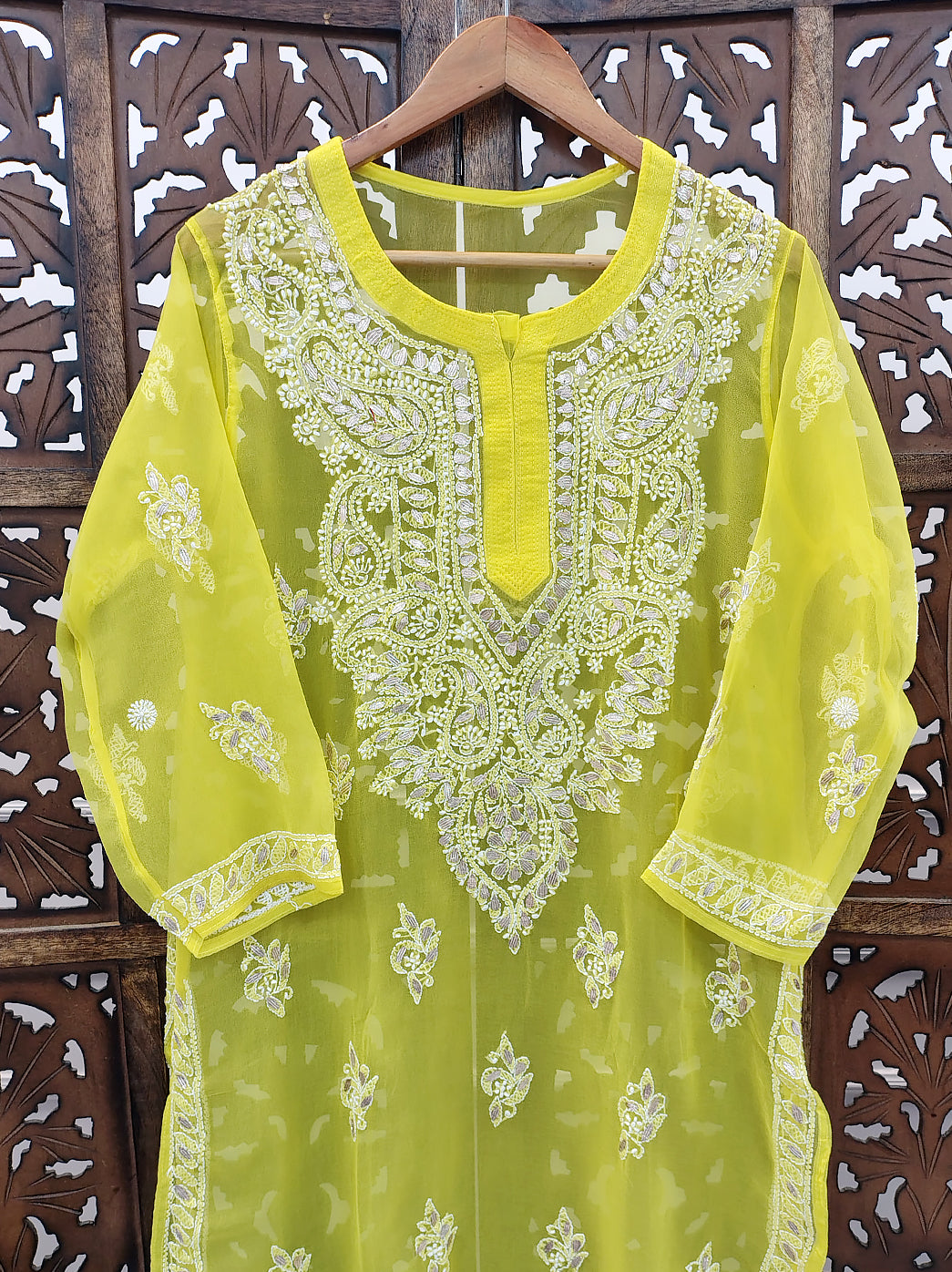 Yellow Georgette Chikankari Straight Kurti