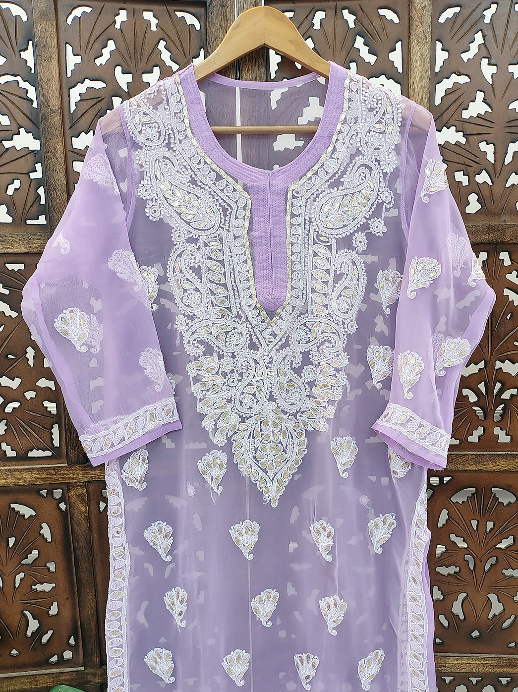 Lavender Georgette Chikankari Straight Kurti