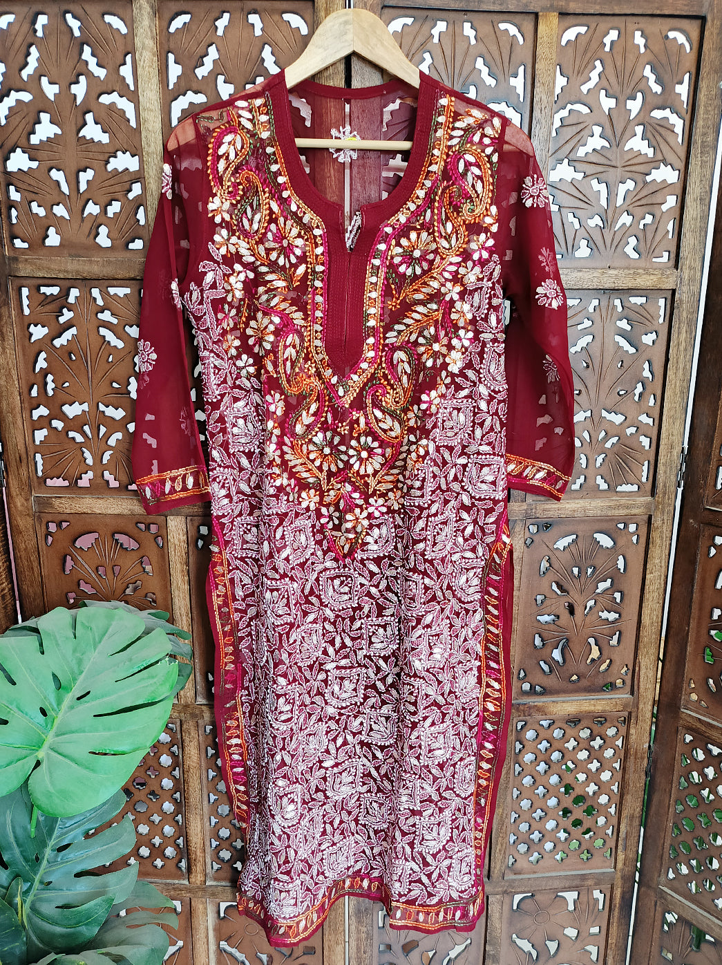 Maroon Georgette Chikankari Straight Kurti