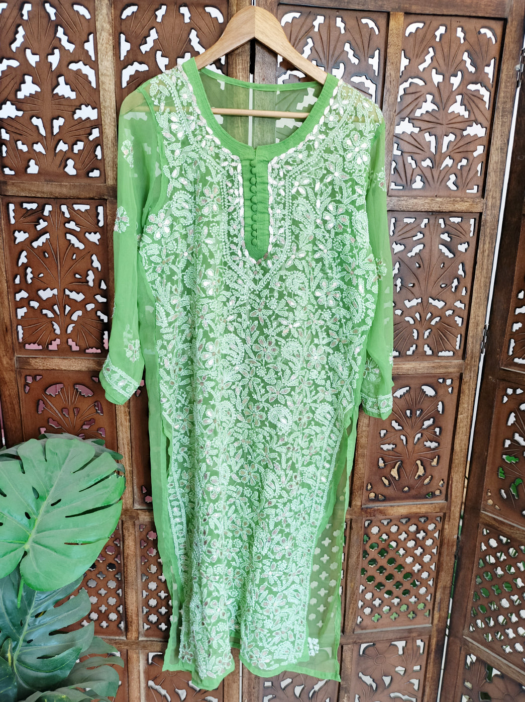 Pista Green Georgette Chikankari Straight Kurti