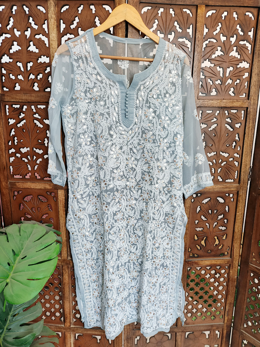 Grey Georgette Chikankari Straight Kurti